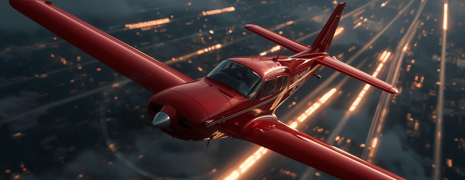 Red Aviator aircraft flying fast above night city lights