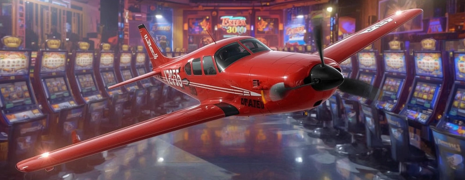 Red Aviator plane flying through casino slot machines