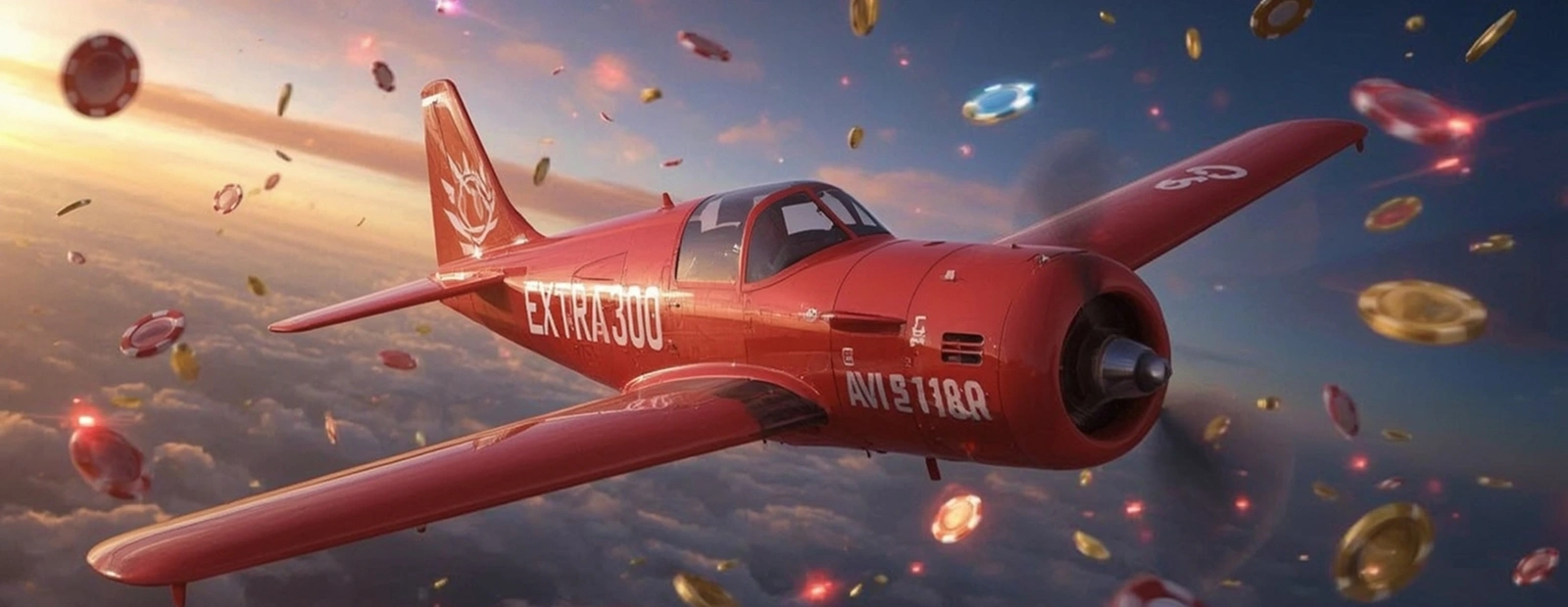 Aviator game plane soaring with casino tokens around