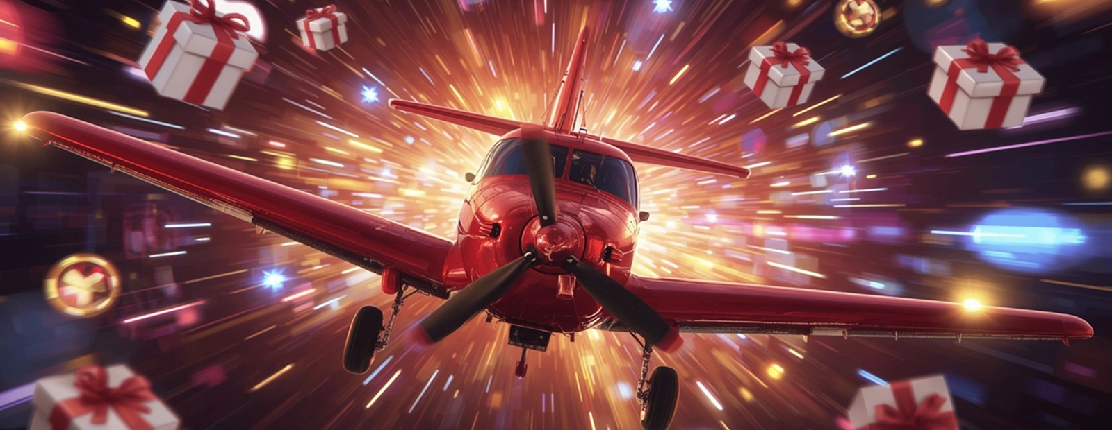 Red Aviator plane flying through glowing gifts and festive bonus lights