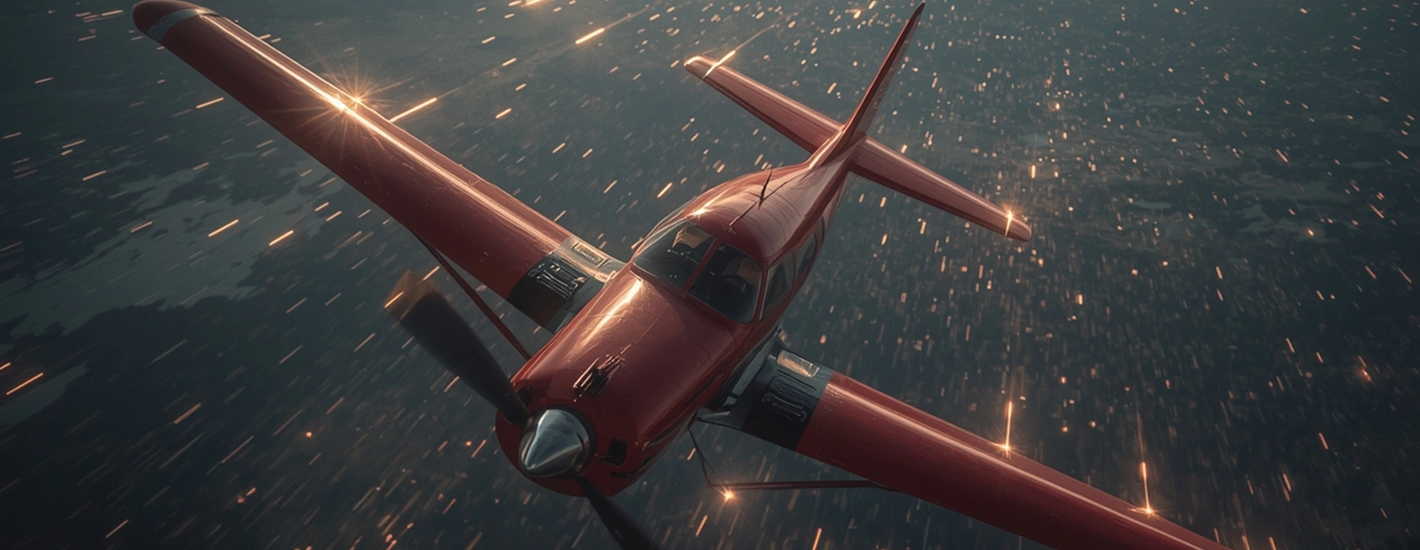 Fast-moving Aviator aircraft soaring over bright cityscape with motion streaks