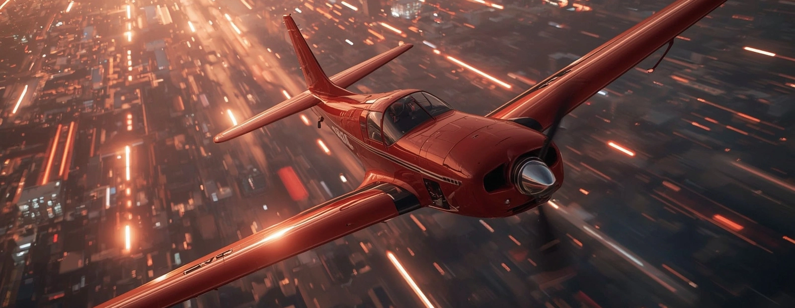 Red Aviator plane flying above city lights with glowing speed trails