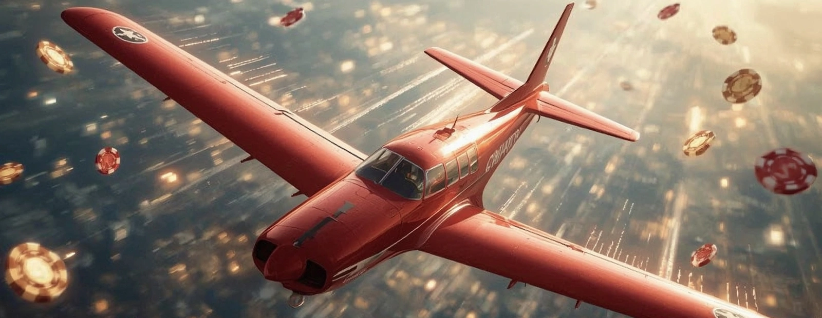 Aviator red plane soaring above city lights with falling casino chips